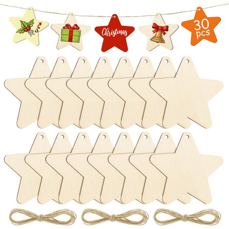 30pcs Suspension Étoiles en Bois de Noël, Pendentifs D'étoiles avec Ficelle pour Décorations Arbre et Fournitures Artisanat (Étoiles) (1/5)