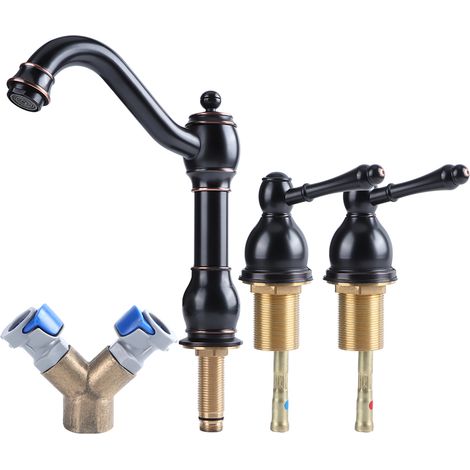 Robinet mélangeur élégant à 3 trous pour eau chaude et froide, à installer sous un lavabo. (1/5)