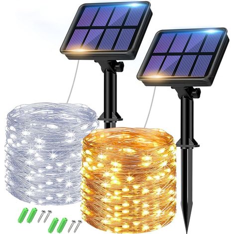 Solar Lichterkette Aussen, 2x8M 80 LED Solarlichterkette Außen Wetterfest 8 Modi IP65 Wasserdicht Kupferdraht Lichterkette Außen Solar Outdoor für Garten Baum Hof Party (Warmweiß+Kaltweiß) (1/5)