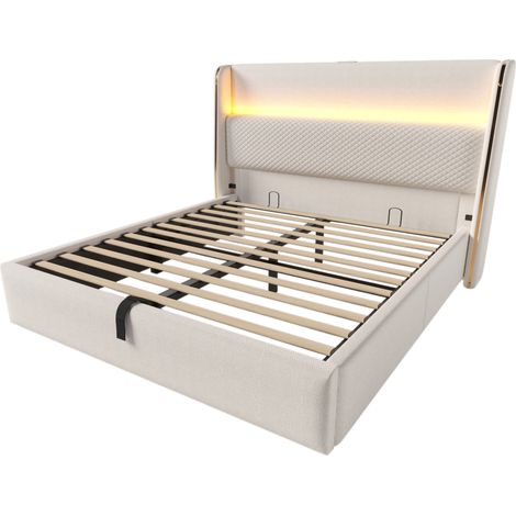 Hydraulisches Doppelbett 160x200 cm aus beigem Leinen mit LED, USB und Type-C, Bettkasten (1/5)