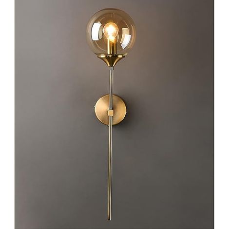 Applique murale industrielle vintage, globe en verre Ambre avec applique murale dorée à bras long, applique murale dorée pour chevet