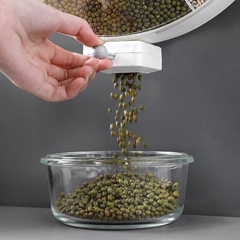 Haushaltsübliche, wandmontierte Aufbewahrungsbox für Müsli, kein Bohren erforderlich, feuchtigkeitsbeständiger Reisbehälter, drehbarer Müslibehälter mit Fächern, weiß und grau. (1/5)