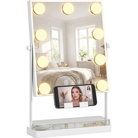 HOMCOM Hollywood espejo de maquillaje giratorio con luz, 9 bombillas LED, 3 colores, interruptor táctil, soporte para teléfono y bandeja, blanco
