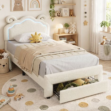 Lit Enfant 90×200 cm Beige Tête de Lit Mouton, Éclairage LED, 1 Tiroir, Hauteur Réglable, Style Princesse Scandinave, Velours Teddy (1/5)