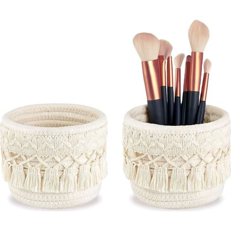 2 cestini porta pennelli per trucco in stile bohémien, 10x10 cm, in corda di cotone, ideali per riporre trucchi, cestini decorativi e porta penne - Bianco (1/4)