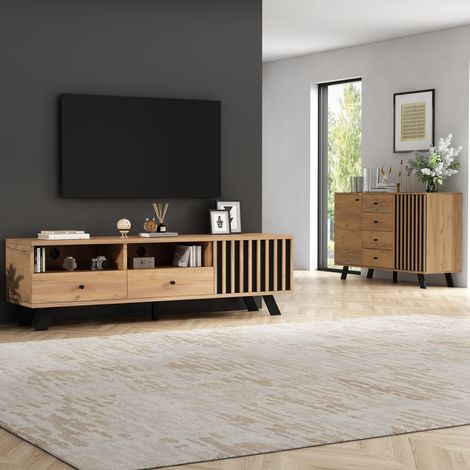 Ensemble de salon en bois massif noir (buffet de 120 cm + meuble TV de 150 cm) : 5 niveaux de rangement + capacité de charge de 45 kg, compatible avec les téléviseurs de 60 pouces. (1/5)