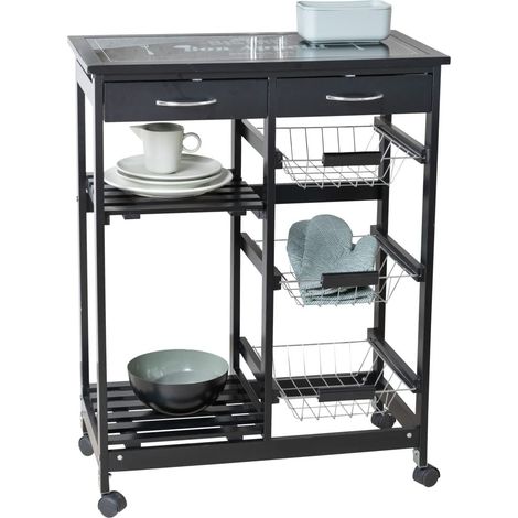 Desserte de cuisine avec roulettes et plaque en verre avec motif, à utiliser comme desserte de service ou étagère de cuisine, en MDF, 67 x 86,5 x 35 cm, noire (1/5)