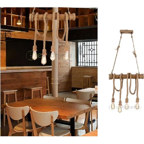 Lampadario a sospensione 4 attacchi luce E27 in bambù corda di canapa design rustico country vintage (1/5)