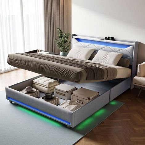 Letto con contenitore per 2 persone - 160x200 - Rete a doghe - LED RGB & USB - Grande contenitore