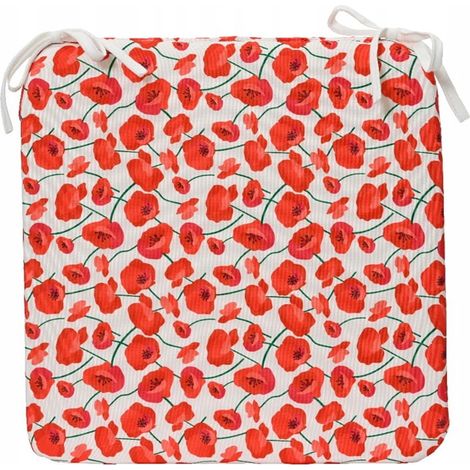 Cojín para silla de jardín de 40x40 cm, rojo/blanco con estampado de amapolas.