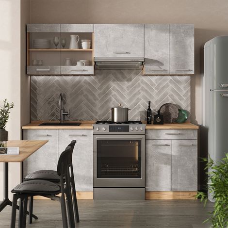Küchenzeile R-Line, Beton/Goldkraft Eiche, 200 cm ohne Arbeitsplatte, Vicco (1/5)