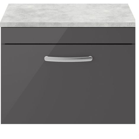 Millwich Contemporary 1 Drawer Wall Hung Vanity Unit with Laminate Black Galaxy Granite Worktop, Gloss Grey, 600mm