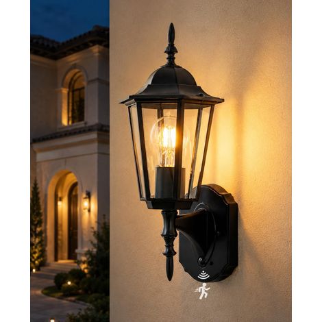 Lampe Exterieur Detecteur de Mouvement, Noir Applique Mural Rétro, E27 Éclairage Mural d'Extérieur, PIR Porche Lampe Murale, Industrielle Applique Lanterne Murale pour Entrée Terrasse, IP44 (1/5)