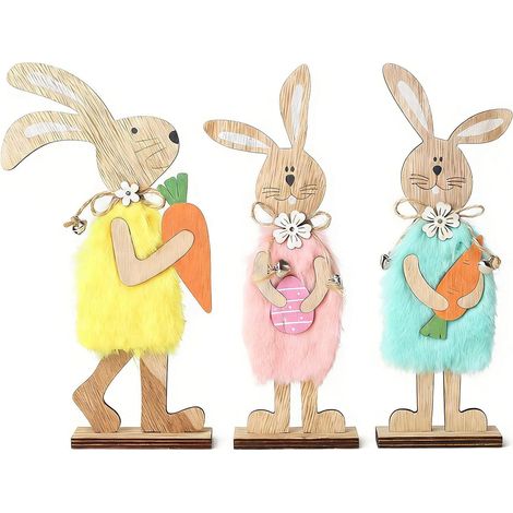 3 Figurine en bois, base incluse, multicolore, décoration de jardin pour Pâques