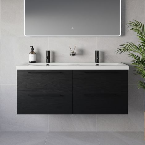 Napoli 390 Nero Oak 1200mm Wall Mounted 4 Drawer Vanity Unit with Double Glide Basins - 1200mm - Matt Black 320mm Handle