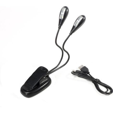 4 LED Lampe Pupitre Musique, Mini Liseuse Double Tête Réglable Pince Livre Lumière E Reader Light USB 360° Cou Flexible Nuit Chevet Lire Au Lit Enfant Camping Voyage Partitions Noir (1/5)