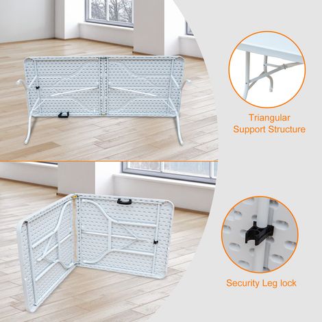 Table pliante portable robuste de 180 cm avec poignée, table pliable multifonctionnelle pour le camping, les pique-niques et les fêtes en intérieur/extérieur, capacité de charge 135 kg (blanche) (1/5)
