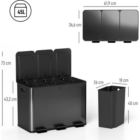 Poubelle à 3 compartiments de 20 L, couvercle désodorisant, anti-traces de doigts, fermeture amortie, amovible, noire (1/5)