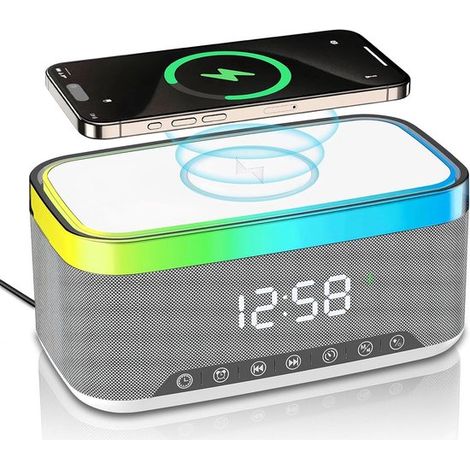Altoparlante Bluetooth con funzione di ricarica wireless e orologio digitale, display a LED, funzione di ricarica Qi da 15 W, 2 altoparlanti da 10 W, 6 luci ambientali, (1/5)