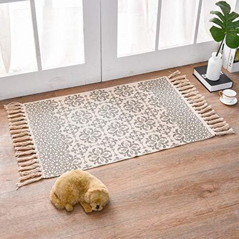 Tapis bohème de petite taille (90 x 60 cm) en coton tissé avec pompons (couleur kaki)