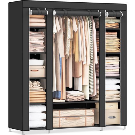 Armoire de Rangement en Tissu, Penderie avec Housse, Placard, Garde-robe, 45 x 150 x 175 cm, 12 Compartiments, Cadre en Métal, pour Chambre, Vestiaire, Noir (1/5)