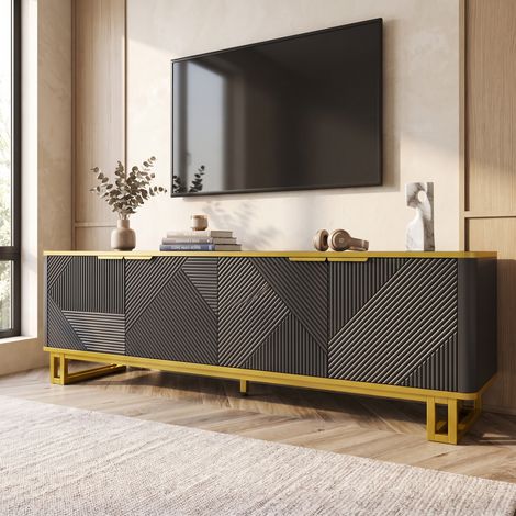 Meuble TV 4 Portes 160x37.5x48cm Banc TV avec Rangement et Gestion des Câbles Cadre en Métal Style Moderne Noir (1/5)
