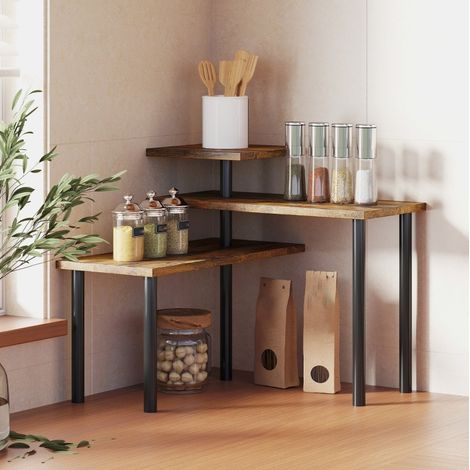 Estantería de cocina de esquina giratoria, 3 niveles, madera y metal, almacenaje compacto, estilo industrial marrón rústico (1/5)
