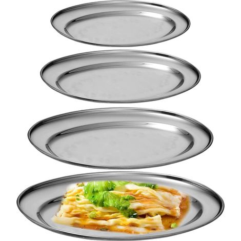 Set mit 4 Serviertabletts, ovalen Edelstahltabletts, flachen Edelstahlschalen, dekorativen Schalen zum Präsentieren von Obst, Gemüse und Süßigkeiten (Silber) (1/5)
