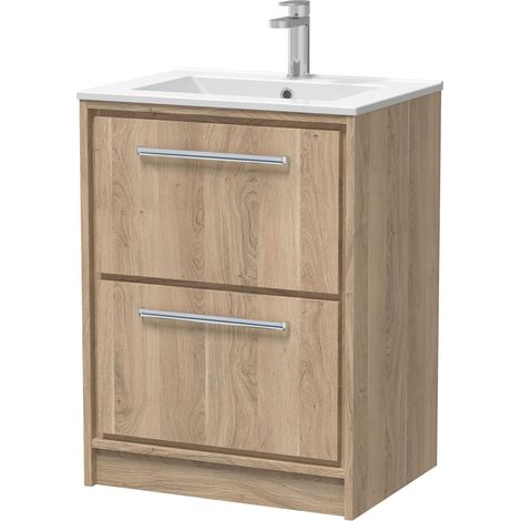 Longnor 2 Drawer Floor Standing Vanity Unit with 1 Tap Hole Minimalist Basin, Light Oak, 600mm