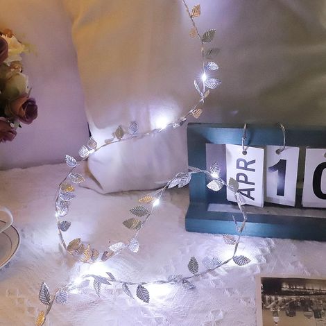 Guirnalda de luces con forma de hoja plateada - 2 m, 20 LED - Funciona con pilas - Decoración otoñal para el hogar - Luz blanca cálida (1/5)