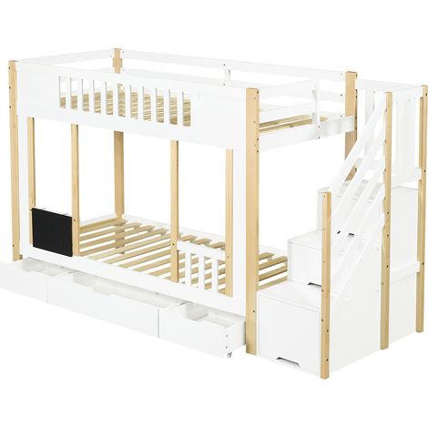 Lit mezzanine enfant 90x200 cm avec escalier rangement, 3 tiroirs et tableau, blanc naturel (1/5)