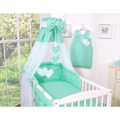 Juego de ropa de cama de 5 piezas 120x90 - Corazones, lunares blancos sobre fondo menta (1/5)