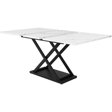 Table à manger extensible 120-160×80 cm avec pieds croisés en métal noir, plateau en MDF marbré blanc (1/5)