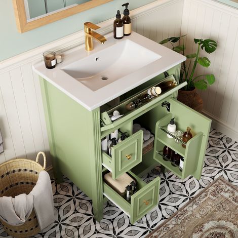 Meuble de salle de bain sur pied de 61 cm,tiroir,rangement,étagères,finition laquée vert brillant,MDF, éramique,sans robinet (1/5)