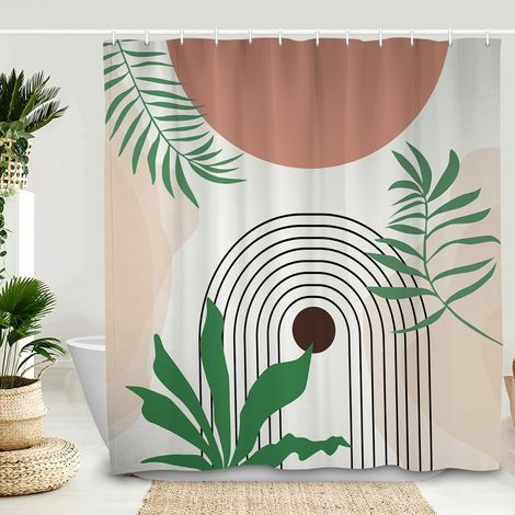 152x183cm Rideau de Douche Abstrait Vert Plante Tropicale Feuilles de Palmier Arc-en-Ciel Soleil pour Salle de Bain Baignoire étanche (1/5)