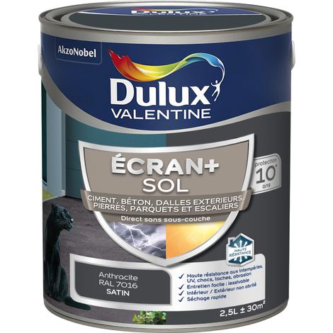 Ecran+ Sol - Peinture solvantée pour sols Intérieur et Extérieur - Ciment, béton, dalles, parquets et escaliers - Satin Gris Anthracite 2,5 L - Dulux Valentine