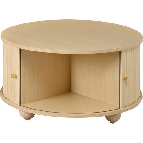 Mesa de centro redonda de MDF color natural con 2 puertas correderas y patas metálicas HOMVRA (1/5)