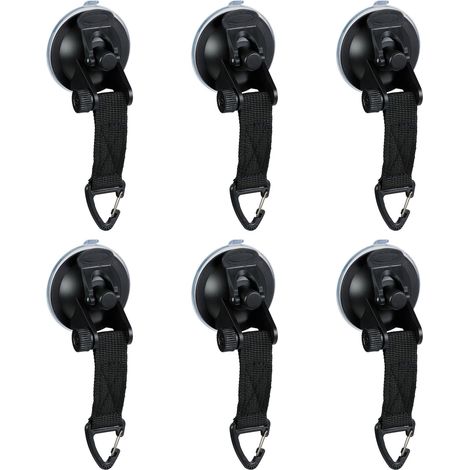 Relaxdays Suction Cup Hook, Set of 6, Camping, Motorhome, Car, Strong Hold, Hold up to 2 kg, Travel Accessories, Black