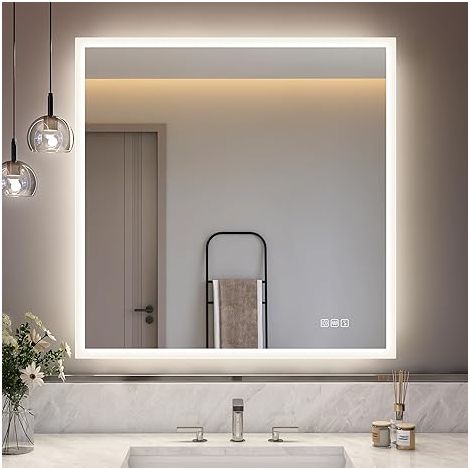 Specchio da bagno a LED con cornice in ferro, antiappannamento, regolabile da 3000 a 6500 K, funzione memoria, IP44, montaggio a parete orizzontale o verticale, 80x80 cm, nero, S'bagno (1/3)