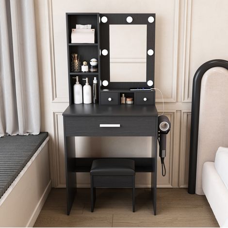 Coiffeuse avec miroir led, prises, support sèche-cheveux et tabouret, noir (1/5)