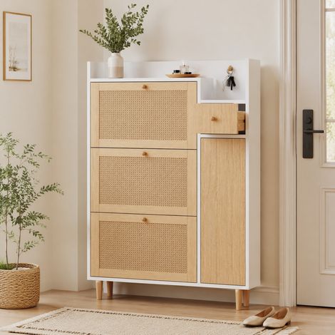 Zapatero estrecho 90 x 17 x 125 cm, 3 abatibles, 1 cajón, natural y blanco DESVIAE (1/5)