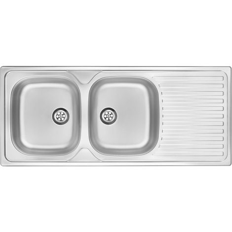 Évier de cuisine encastrable en acier inoxydable à deux bacs avec égouttoir, 116 x 50 cm, finition satinée - Telivo