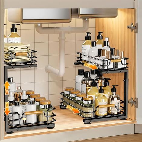 Set of 2 Under-Sink Storage, 2 Tier Metal Under-Sink Organizer, Pull-Out Drawer, Adjustable Height, Kitchen Organization, Cupboard Shelf Under Sink (Black) (1/5)