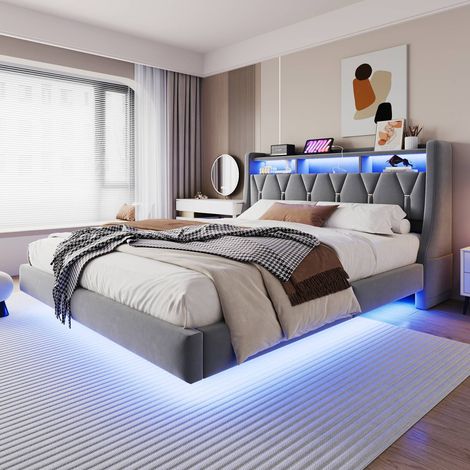 Lit 180x200 cm velours gris avec tête lumineuse, rangement et piètement large design suspendu (1/5)