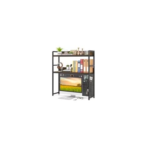 Multipurpose 2-Tier Brown Desktop Bookshelf, Wooden Desk Hutch, Space-Saving Desktop Storage Organiser for Home Office, Study Table, Gaming Desk Stationery & Book Display (1/5)
