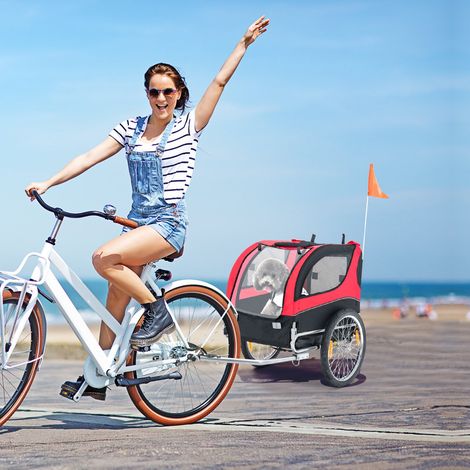 Remorque de Vélo pour Animaux de Compagnie jusqu'à 40 KG avec Roues de 50 cm et Toit Ouvrant pour Chiens/Chats Rouge (1/2)