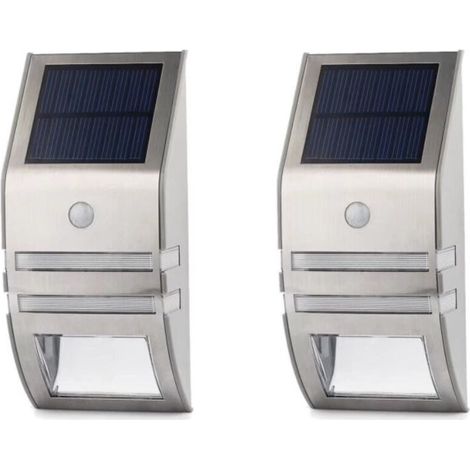 SABIR Lot de 2 lampes lampe solaire exterieur detecteur de mouvement Étanches-En acier inoxydable-Appliques murales pour l'extérieur-Avec pour jardin,terrasse,chemin,etc (1/5)