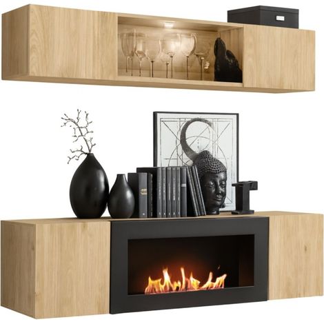 Composición mural FLY – Roble claro – Vitrina horizontal parcialmente acristalada y mueble para TV con chimenea bio-etanol