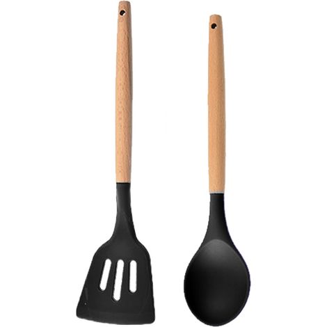 Ensemble Ustensiles Cuisine - Silicone Resistante Chaleur Et Bois Naturel - Pour Cuisson Et Service - Lot De 2 (1/5)