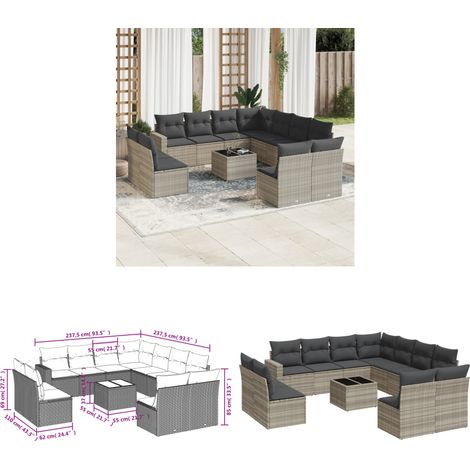 vidaXL 12-tlg. Garten-Sofagarnitur mit Kissen Hellgrau Poly Rattan